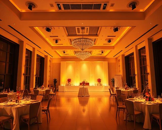 Sala eventi elegante con tavoli apparecchiati e luci calde