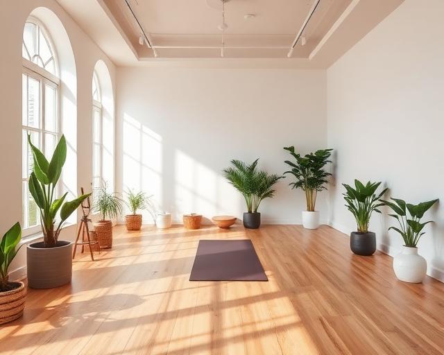 Studio di yoga luminoso con piante e pavimento in legno