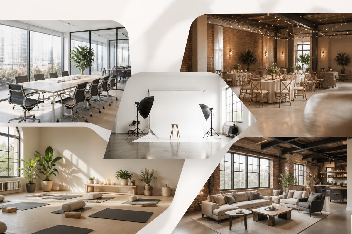 Collage di spazi moderni: sala riunioni, sala eventi, studio fotografico, yoga studio e loft multiuso